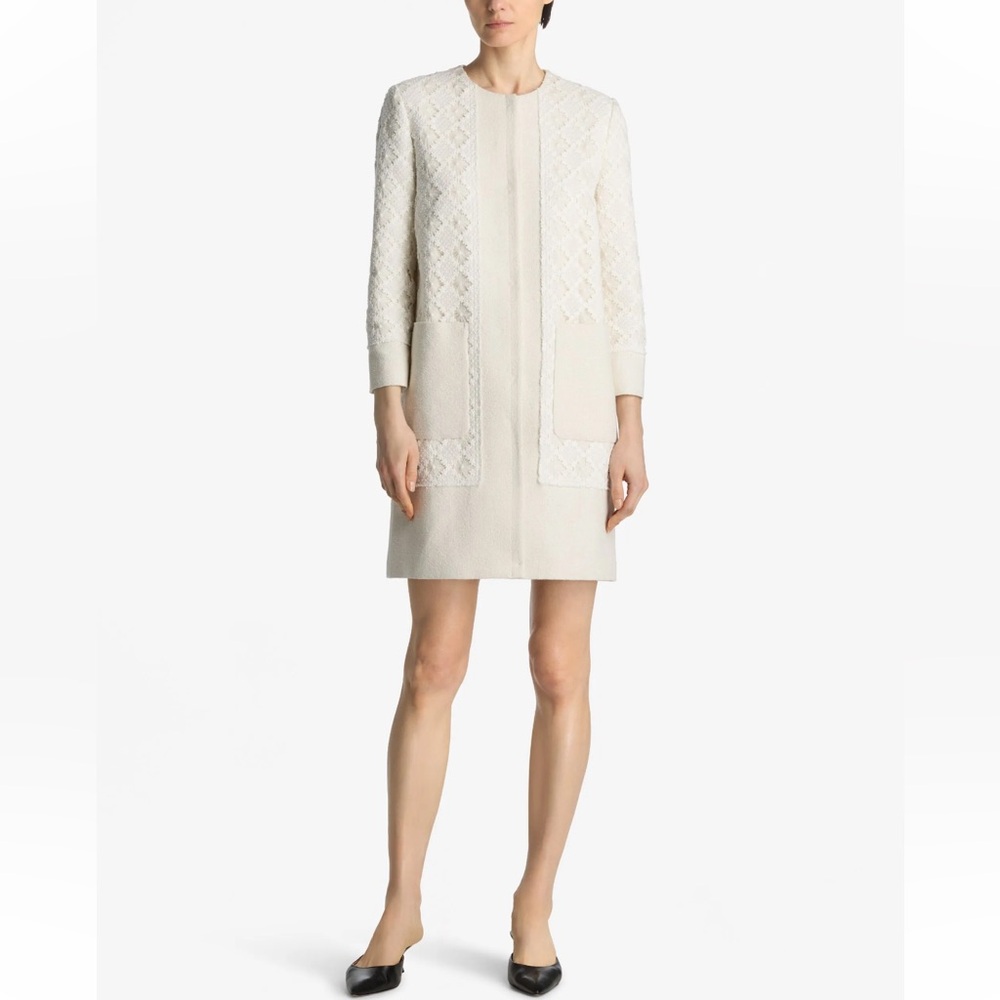 St. John Metallic Tweed & Guipure Lace Long Jacket Cream Ivory Size 4